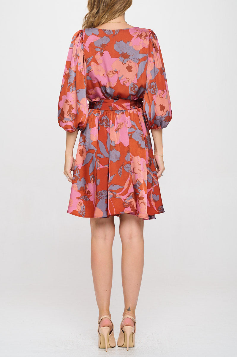 Floral Print Puff Sleeve Dress with Tie-4