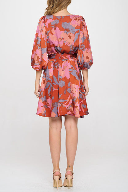 Floral Print Puff Sleeve Dress with Tie-4