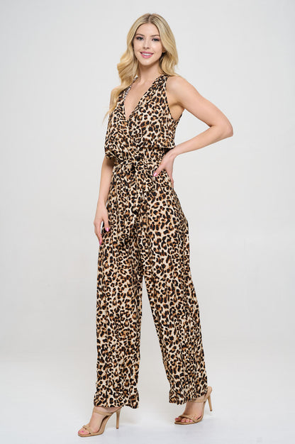 Animal Print V neck Sleeveless Jumpsuit with Tie-3