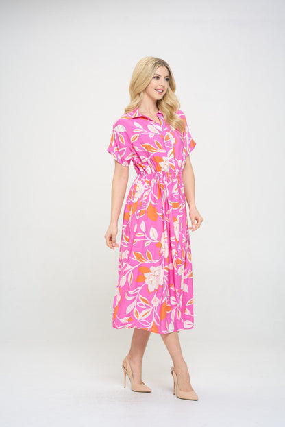 Flower Print Collared V neck Midi Dress with Pockets