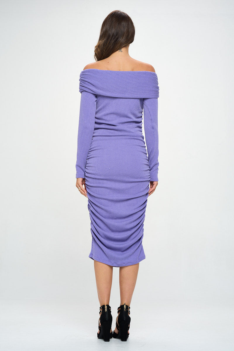 Ribbed Knit Off Shoulder Long Sleeve Bodycon Dress with Ruched Detail