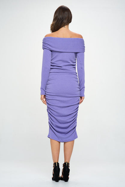 Ribbed Knit Off Shoulder Long Sleeve Bodycon Dress with Ruched Detail