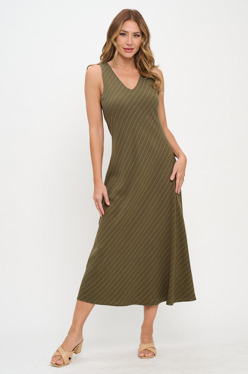 Linen Striped V neck Midi Dress