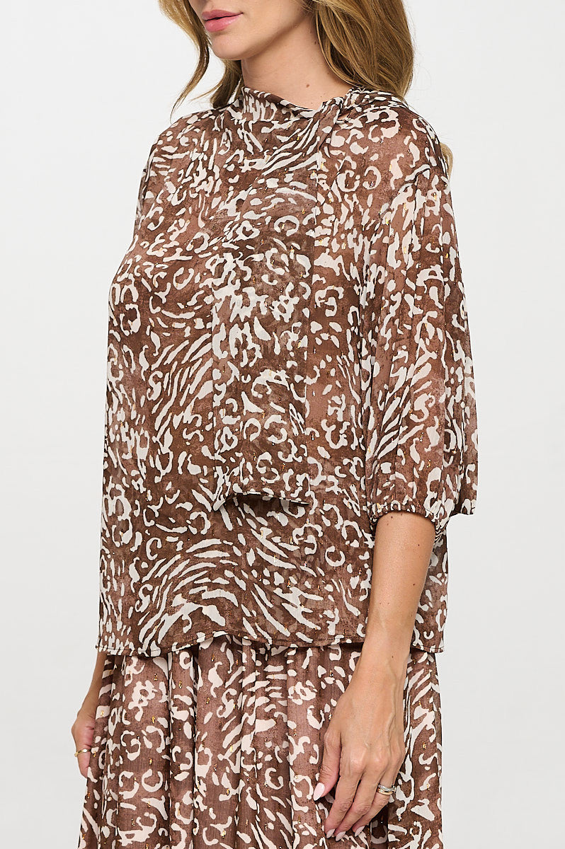 Abstract Print Sheer 3/4 Sleeve with Scarf Detail