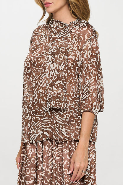 Abstract Print Sheer 3/4 Sleeve with Scarf Detail