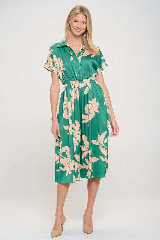 Flower Print Collared V neck Dress with Pockets