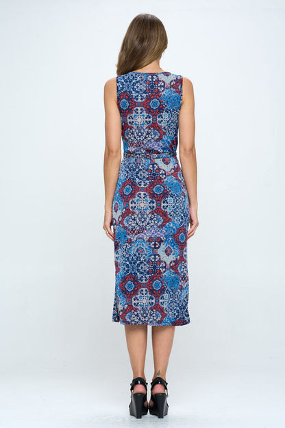 Print V neck Dress with Tie and Slit