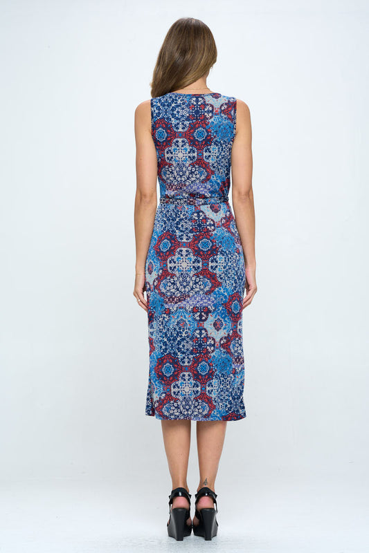 Print V neck Dress with Tie and Slit