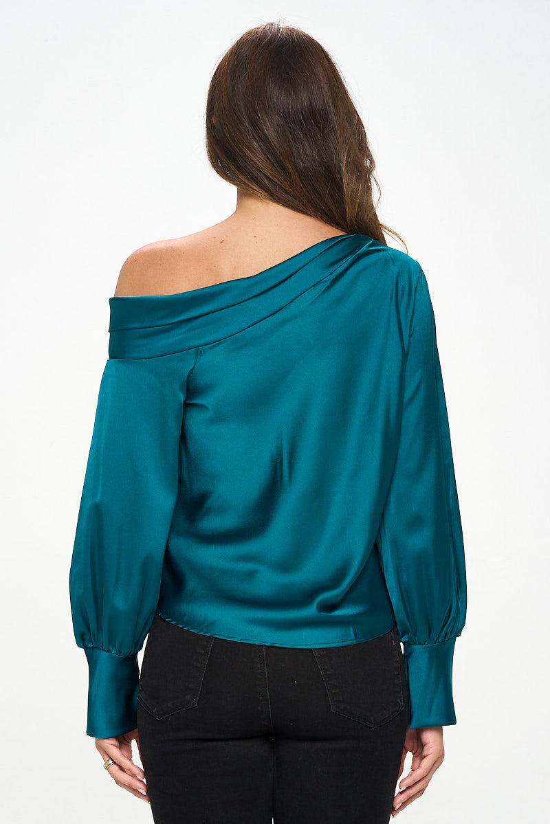 Dropped Shoulder Long Sleeve Satin Top