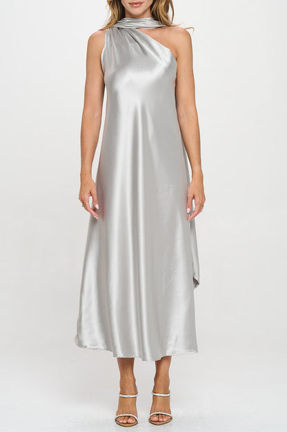 One Shoulder Satin Maxi Dress with Scarf Detail