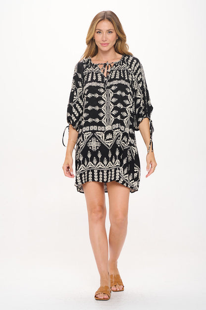 Boho Print V neck Dress with Tie Sleeve