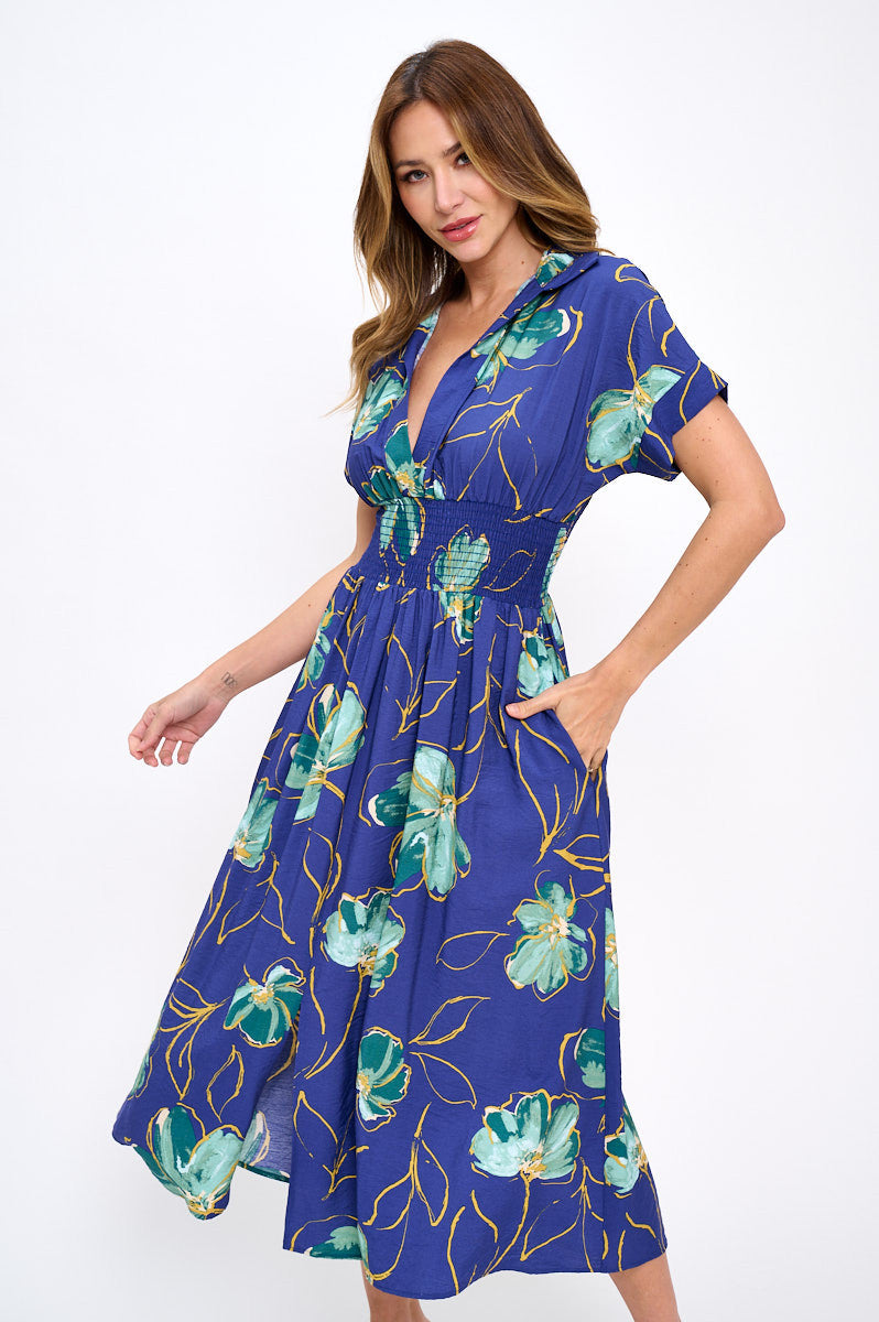 Floral Print V neck Collared Dress with Smock Waist Detail