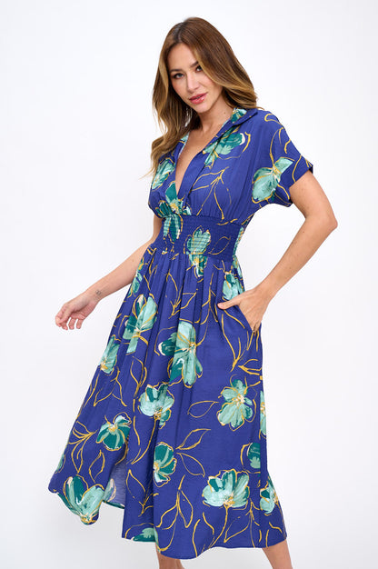 Floral Print V neck Collared Dress with Smock Waist Detail