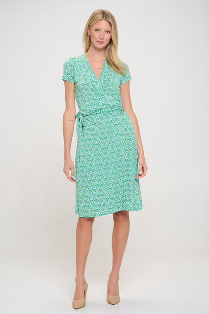 Print V neck Jersey Dress with Tie