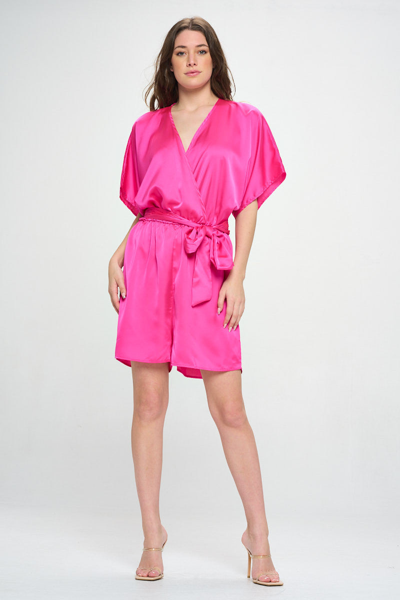 Solid Satin Kimono Romper with Tie