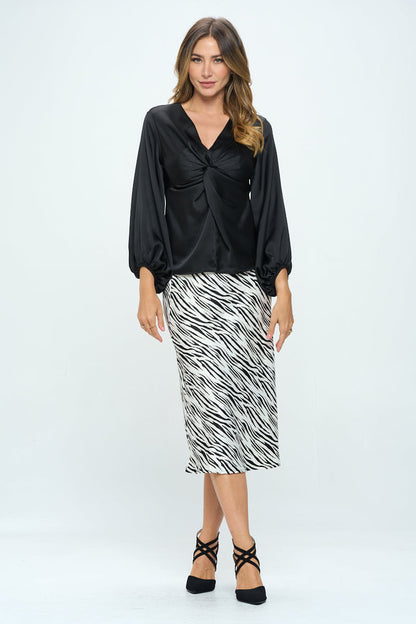 Stretch Satin V neck Top with Front Twist-4