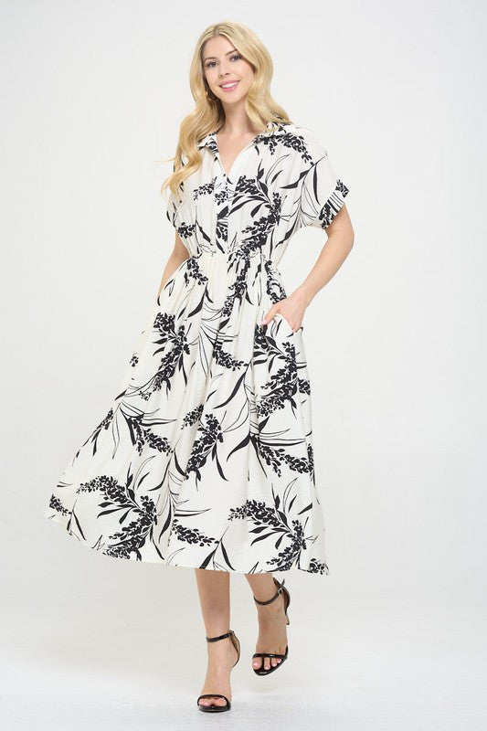 Print Collared V neck Midi Dress with Pockets