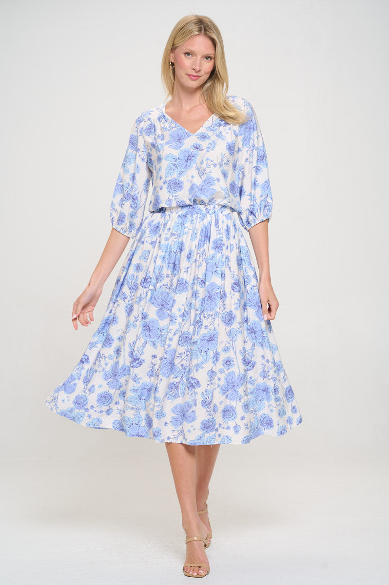 Floral Print V neck 3/4 Sleeve Top