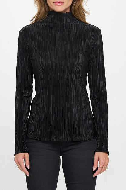 Plisse Long Sleeve Mock Neck Top