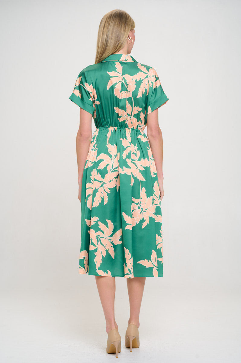 Flower Print Collared V neck Dress with Pockets