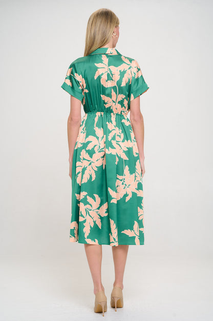 Flower Print Collared V neck Dress with Pockets