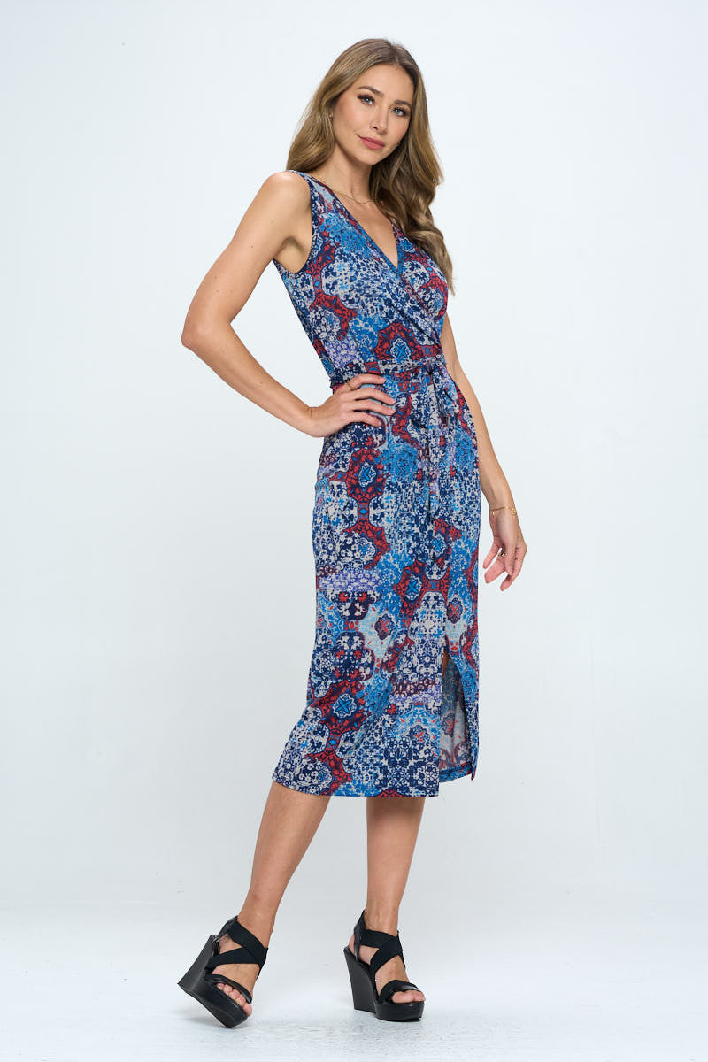 Print V neck Dress with Tie and Slit