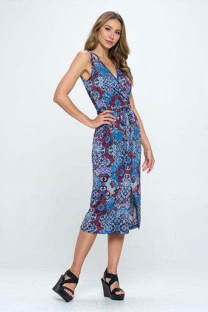 Print V neck Dress with Tie and Slit