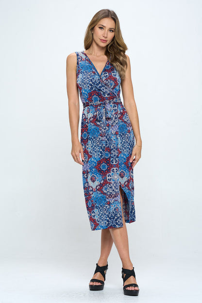 Print V neck Dress with Tie and Slit