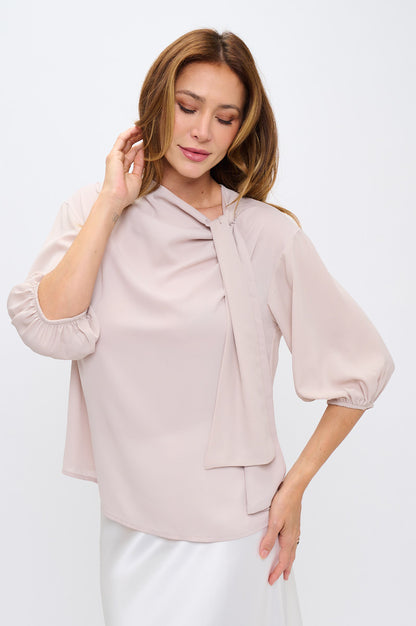 Solid Sheer 3/4 Sleeve with Scarf Detail