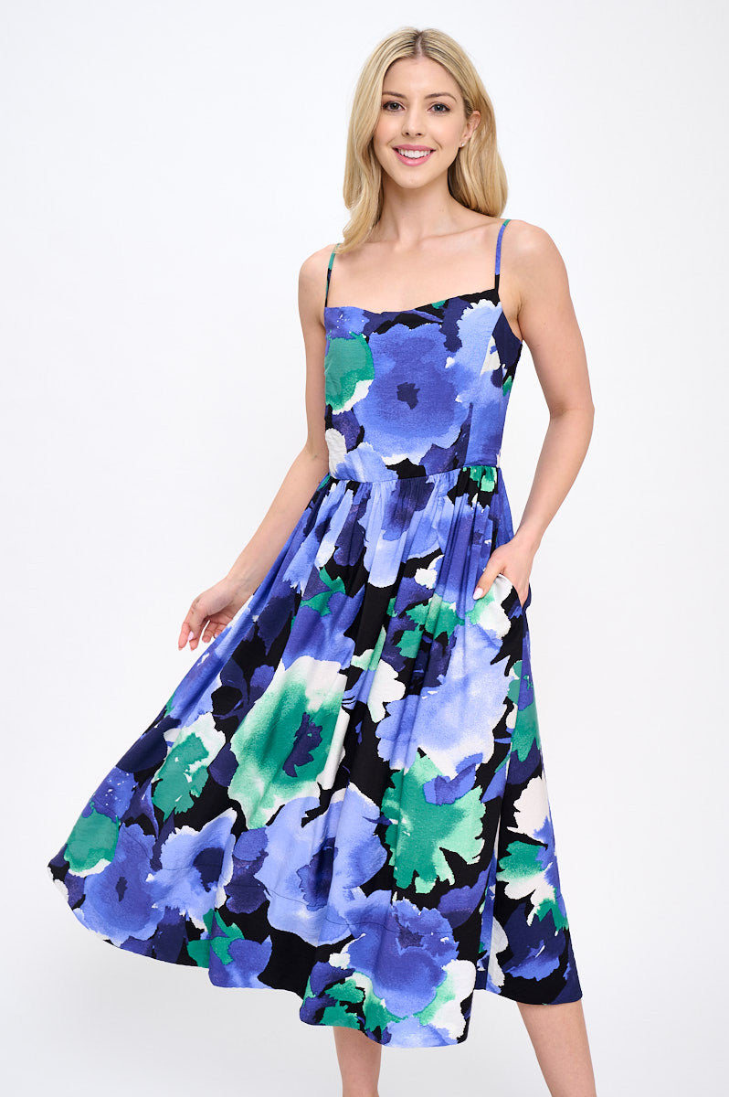 Floral Print Midi Dress with Smock Back Detail and Pockets