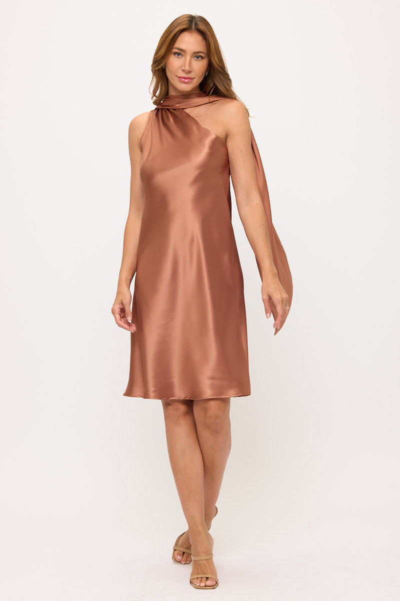 One Shoulder Satin Dress with Scarf-3