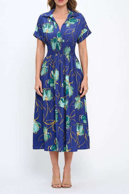 Floral Print V neck Collared Dress with Smock Waist Detail