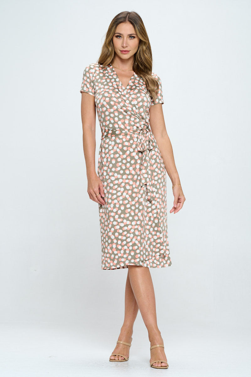 Polka Dot V neck Jersey Wrap Dress with Tie