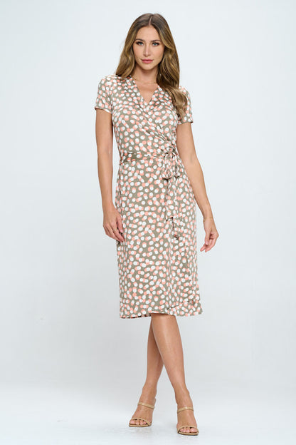 Polka Dot V neck Jersey Wrap Dress with Tie