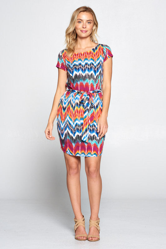 ABSTRACT TIE-DYE DRESS WITH WAIST TIE