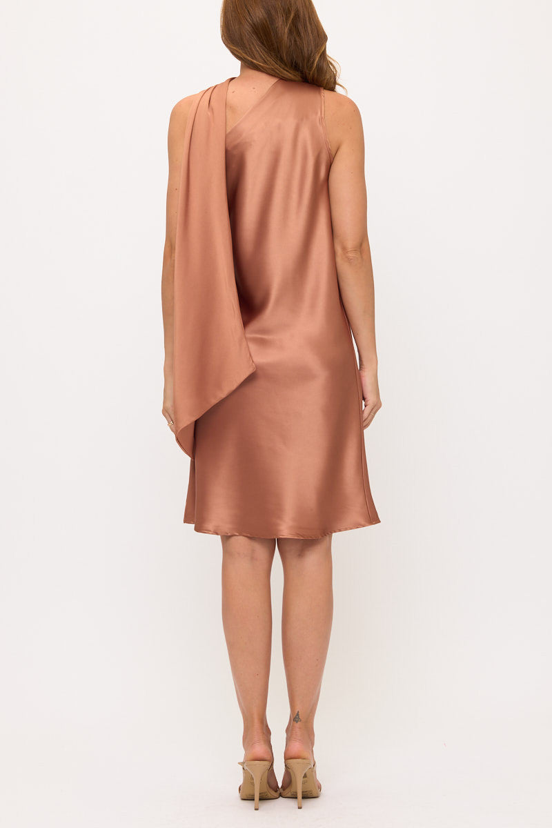 One Shoulder Satin Dress with Scarf-5