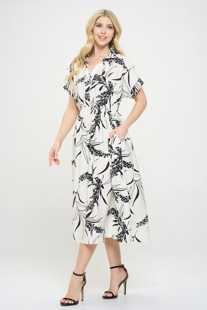 Print Collared V neck Midi Dress with Pockets