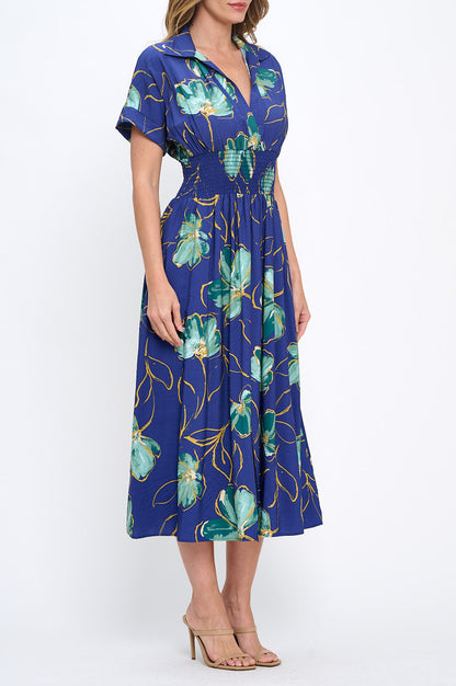 Floral Print V neck Collared Dress with Smock Waist Detail