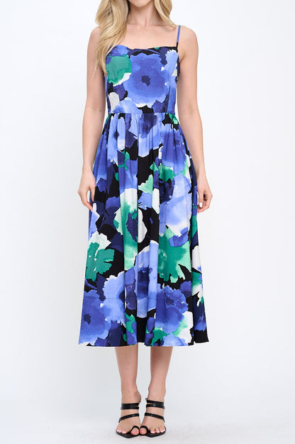 Floral Print Midi Dress with Smock Back Detail and Pockets