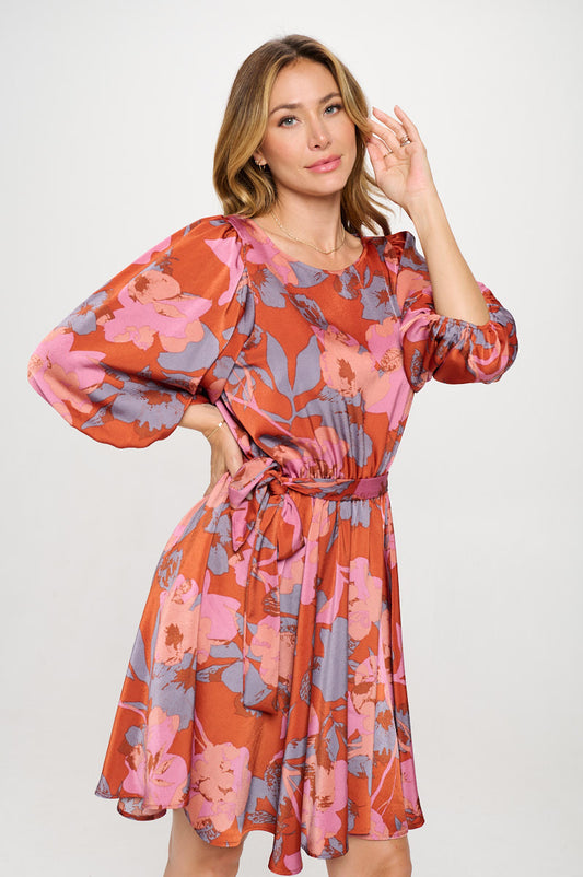 Floral Print Puff Sleeve Dress with Tie-0