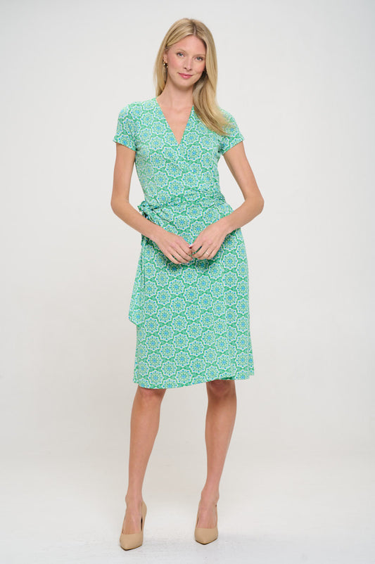 Print V neck Jersey Dress with Tie