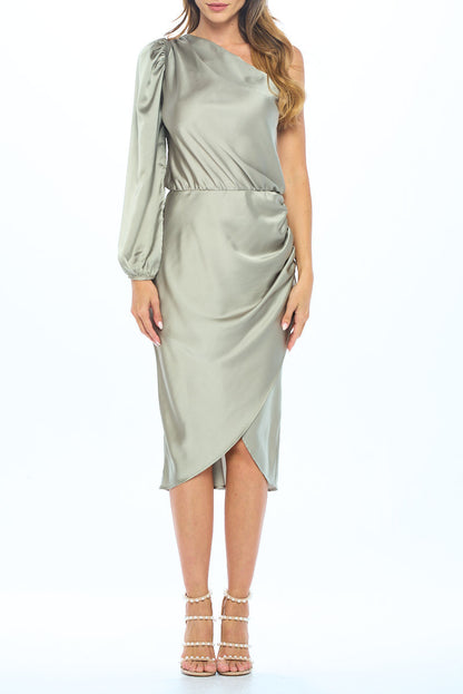 Satin One Shoulder Bodycon Dress w/ Asymmetric Hem-3