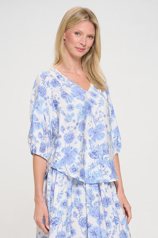 Floral Print V neck 3/4 Sleeve Top
