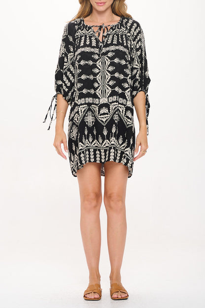 Boho Print V neck Dress with Tie Sleeve