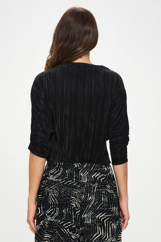 Plisse Mid Scrunched Sleeve Top with Front Twist-3