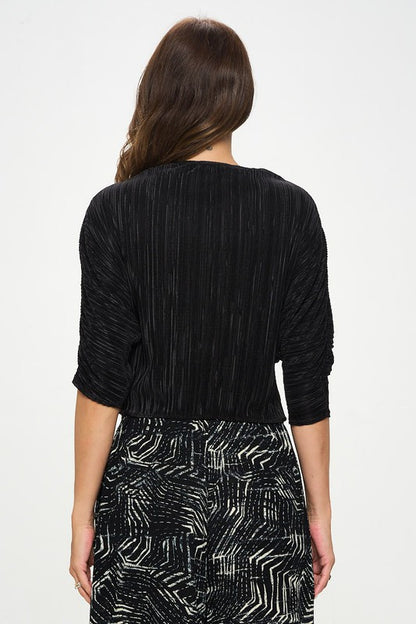 Plisse Mid Scrunched Sleeve Top with Front Twist-3