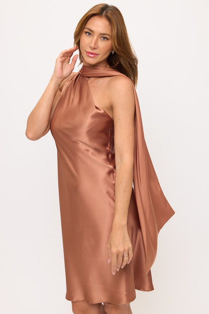 One Shoulder Satin Dress with Scarf-4