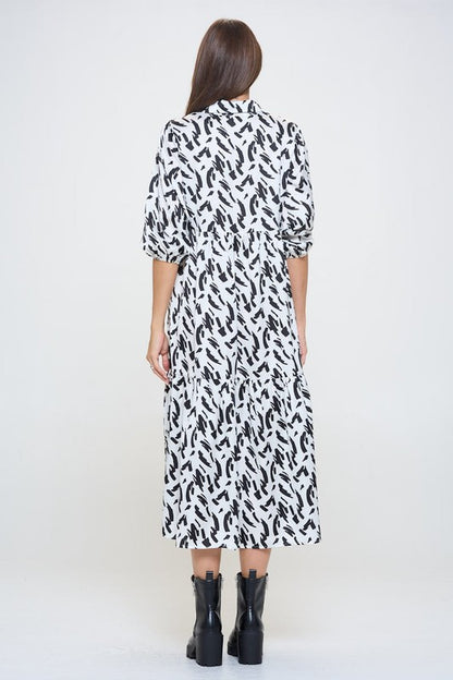 Print Collared V neck Tiered Dress with Pockets