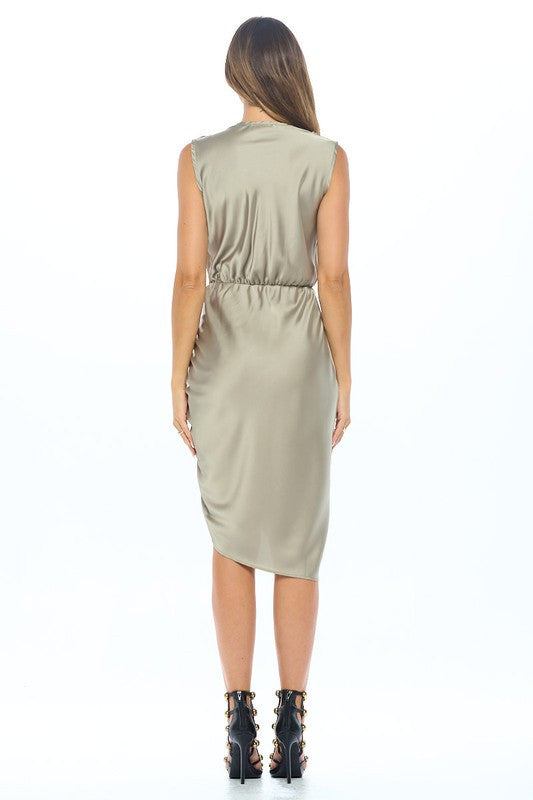 Stretch Satin Dress with Ruched Asymmetrical Hem