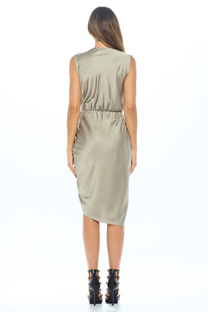 Stretch Satin Dress with Ruched Asymmetrical Hem